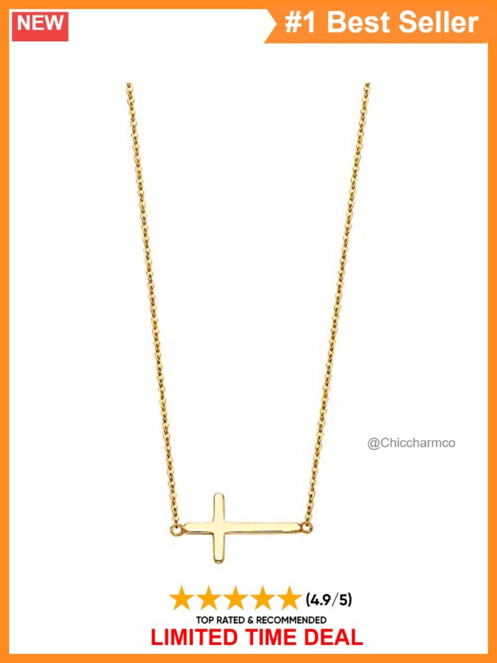 14k Yellow Gold Sideways Cross Necklace 17" Chain